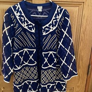 Chico's Navy, White and Cream Patterned Blazer - Jacket